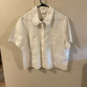 Susan Bristol Casuals, darling short sleeve, white linen, button down blouse. XL